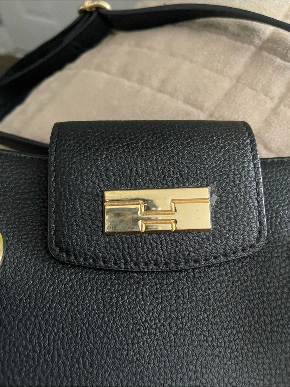 Tommy Hilfiger Black Pebbled Leather Satchel with Gold Hardware